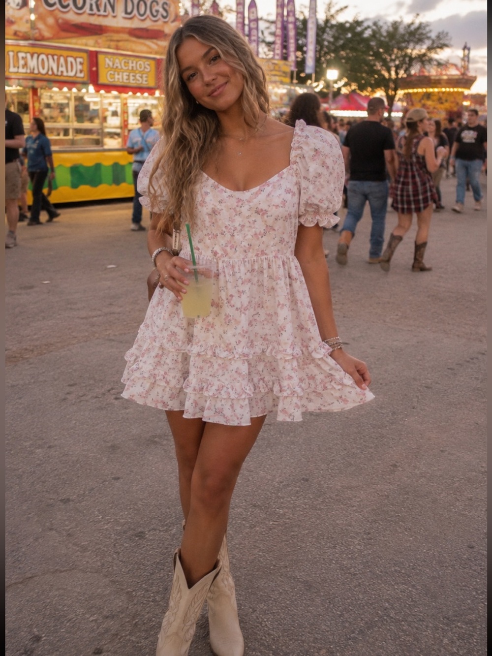 Altar’d State Floral Puff-Sleeve Ruffle Babydoll Dress - White with Pink Floral